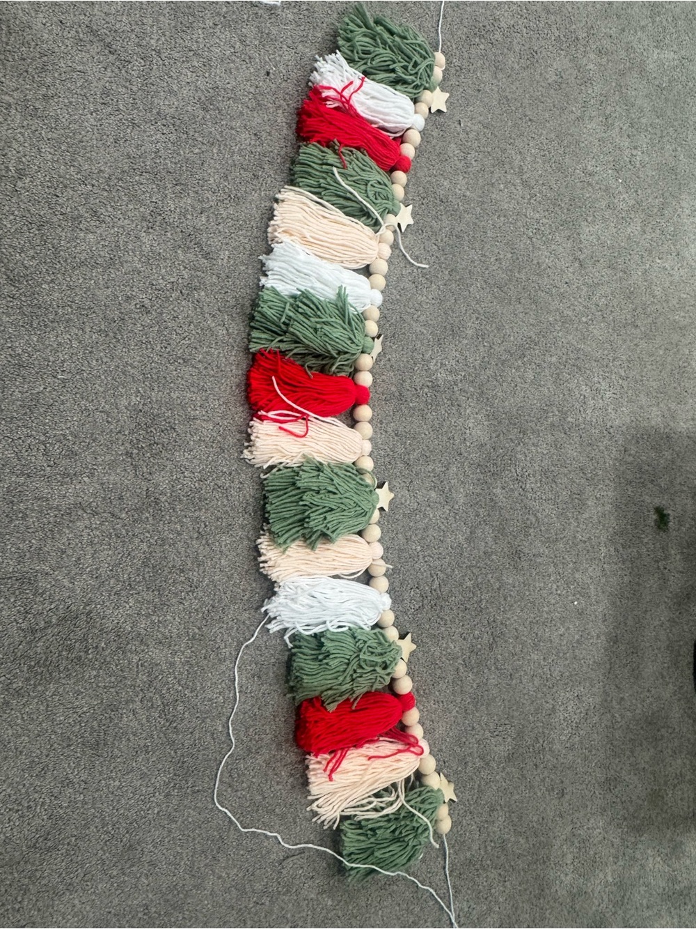 Festive Green Red Cream Tassel Garland with Wooden Beads